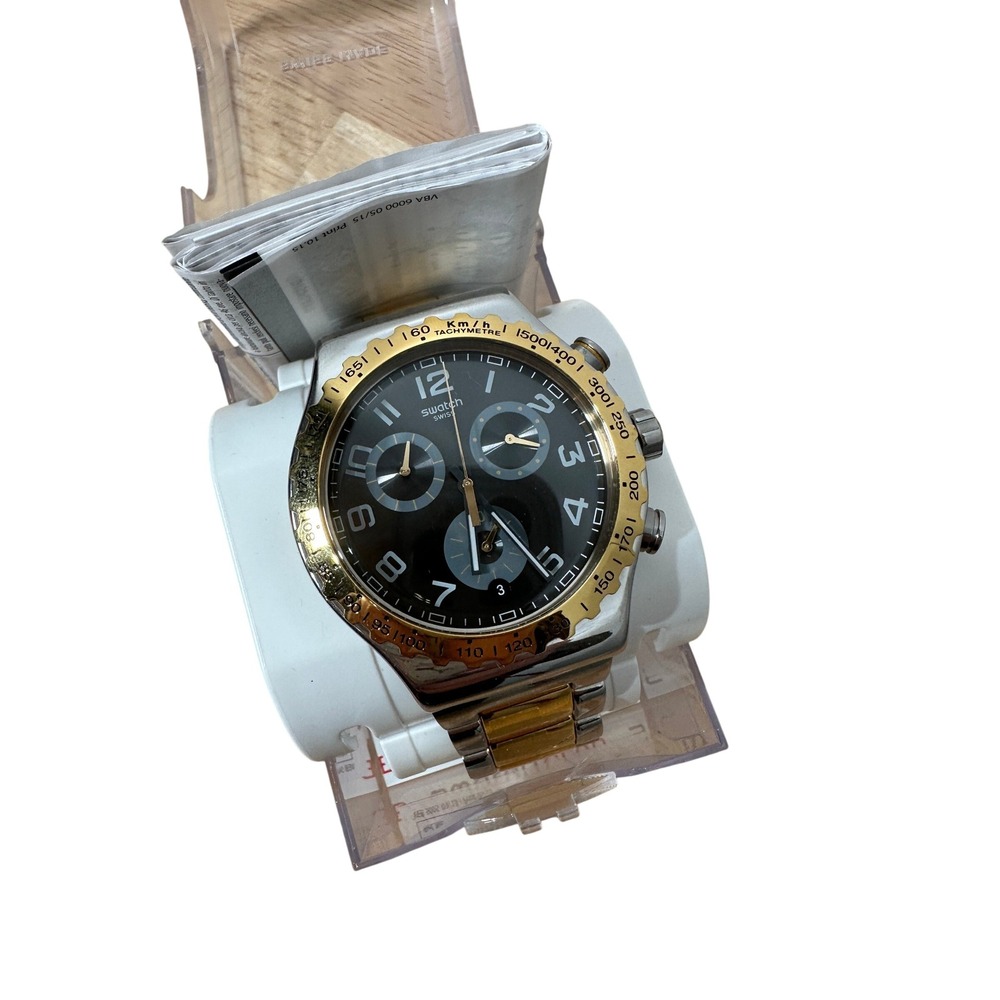 Swatch Stainless Steel Silver Gold Two Tone Chronograph Watch Sport Tech